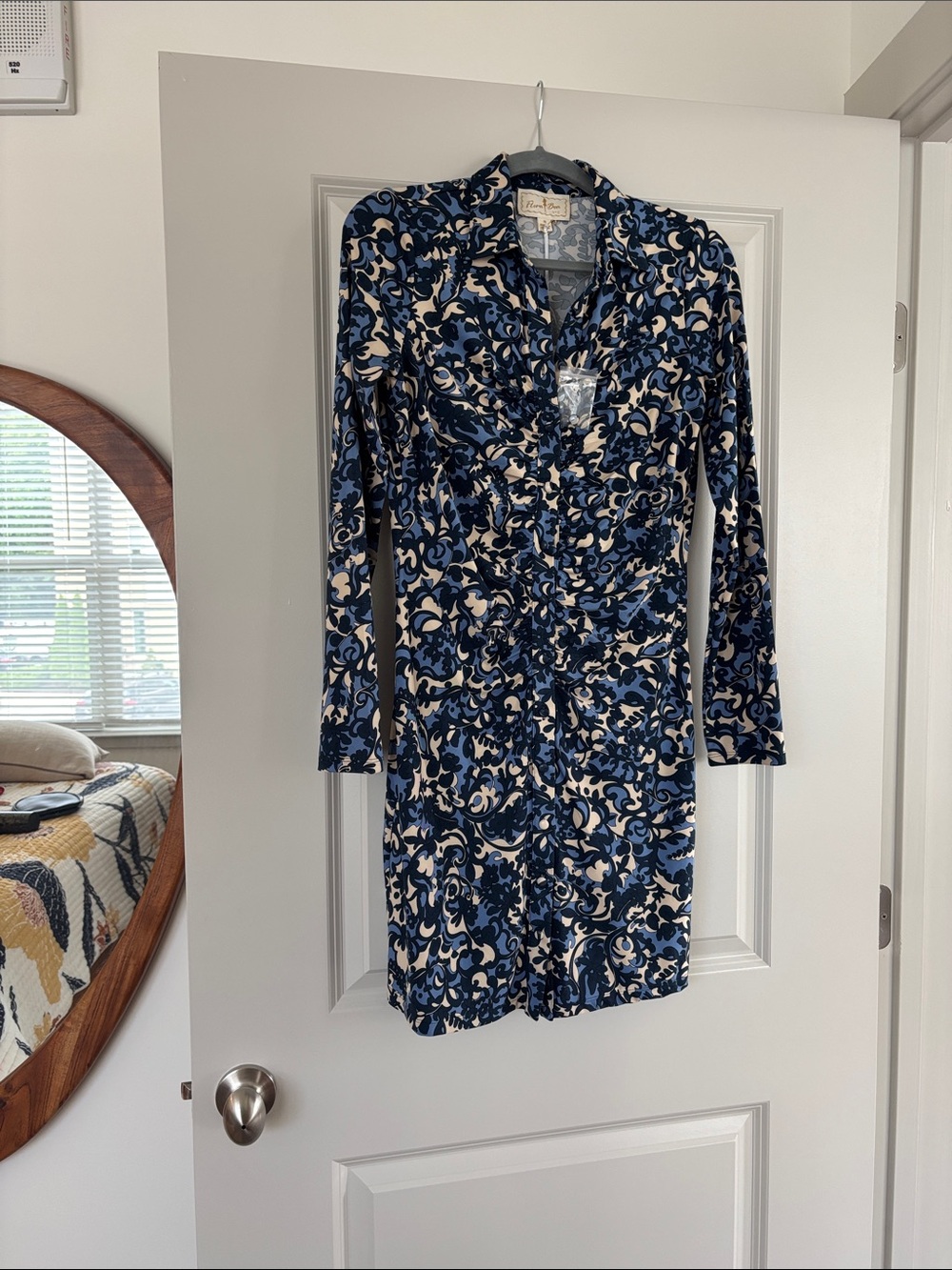 Flora Bea Makelly Long-Sleeve Blue & Cream Printed Wrap Dress